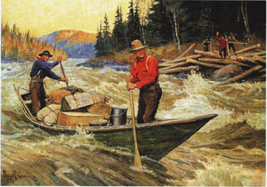 [2 guys in rapids in canoe, logger on shore]